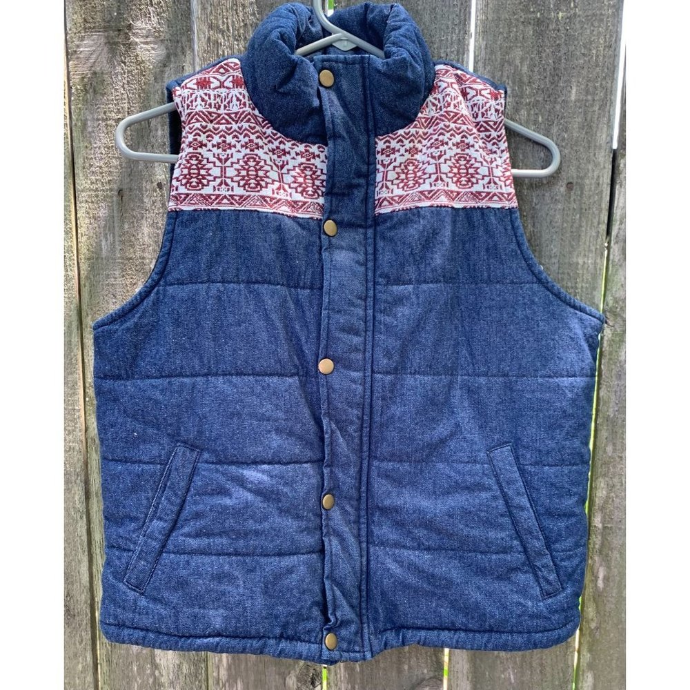 E2 Clothing denim with Aztec design puffer vest women's Size L